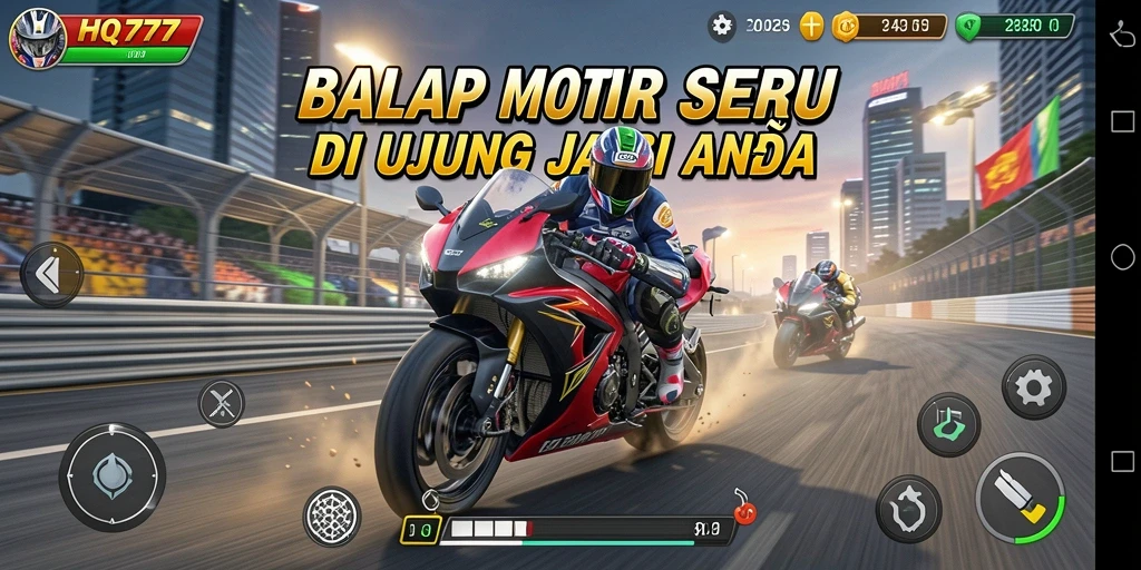 Gameplay seru HQ777 saat balapan motor di lintasan menarik.