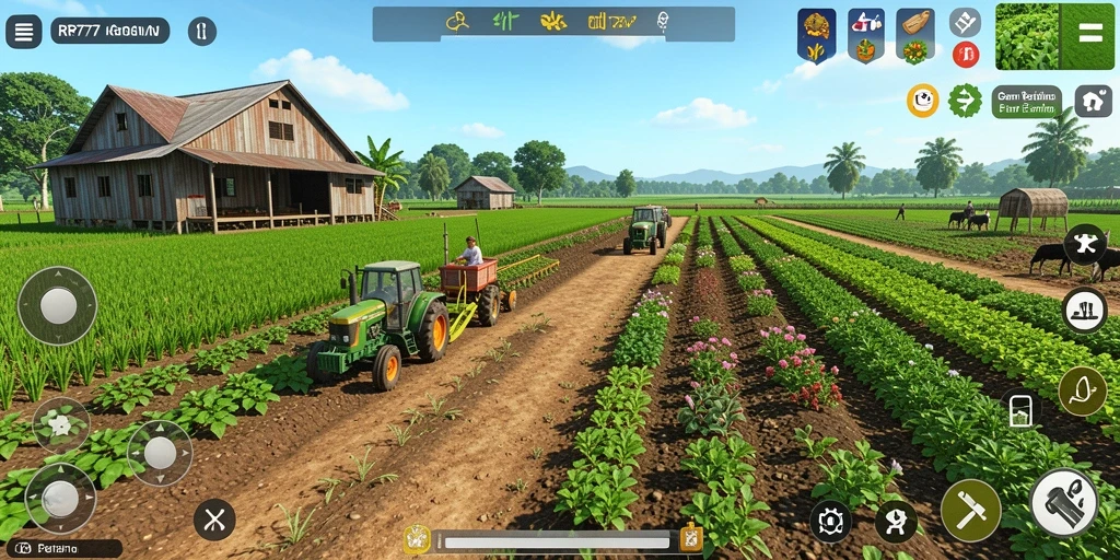 Screenshot gameplay RR777 menunjukkan ladang hijau yang subur dan hewan peliharaan yang lucu.
