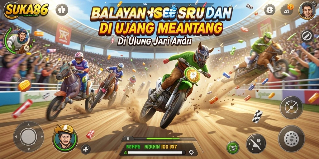 Tangkapan layar gameplay <strong>SUKA86</strong> menampilkan balapan intens dengan mobil yang melaju kencang.